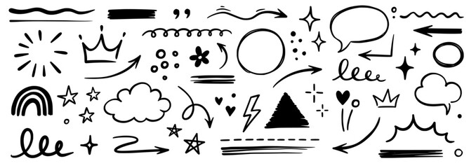 Line hand drawn brush marker underline, highlight, star element set. Hand drawn sketch marker underline shape, arrow, star scribble brush pen stroke icon highlight element. Vector illustration.