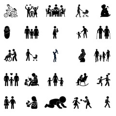 Family Life and Parenting Icon Set – Vector Silhouettes of Parents, Children, Baby Care, Elderly Support, Daily Activities, and Childhood Moments in Black and White