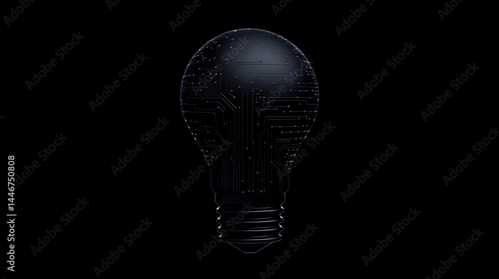 Poster a black lightbulb with a circuit board pattern symbolizes innovation and technology on a dark backgr