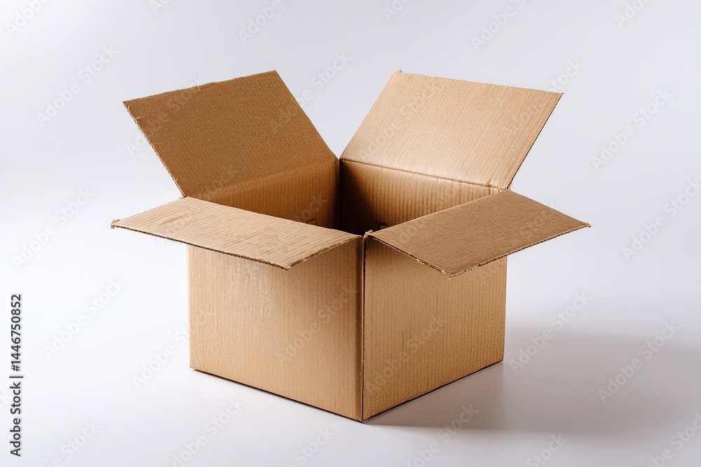 Poster empty brown cardboard box open on white background studio shot simple packaging delivery concept pro