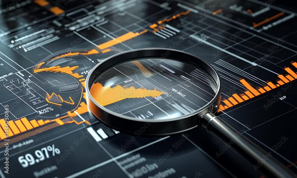 Poster a magnifying glass over an animated stock market graph, symbolizing the concept of technical analysi