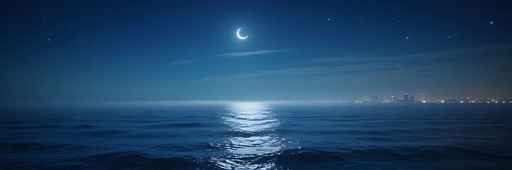 A Full Moon Shining on a Dark Ocean at Night