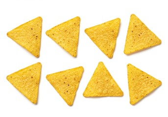 Eight yellow tortilla chips arranged isolated on white background