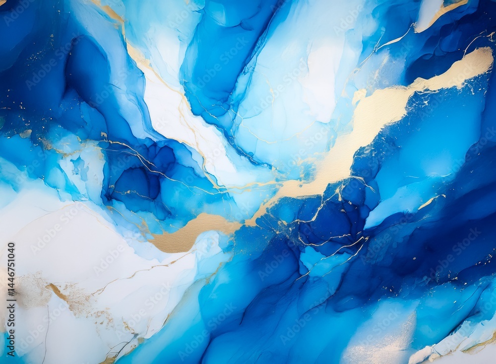 Poster abstract art showcasing swirling blues and whites, accented by gold. fluid, organic shapes create a 
