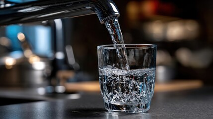 close-up clean water flowing into a glass , detail shot , on a kitchen counter , product-style composition , with bright interior lighting