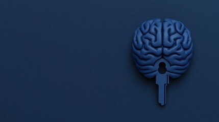 A blue brain with a keyhole and key shape symbolizes unlocking the mind, intelligence, and creative thinking on a dark background.