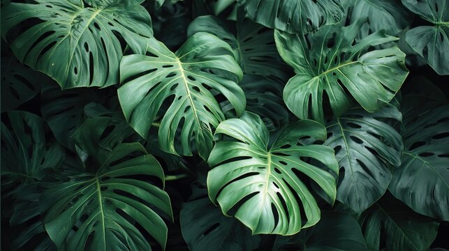 Lush green tropical monstera leaves background texture image natural vibrant foliage dark green plants jungle botanical photography summer nature close up detailed view exotic leaf pattern flora scene
