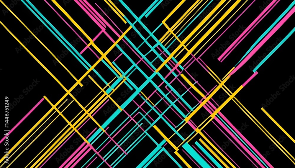 Poster abstract background with intersecting pink yellow and turquoise lines on a black backdrop