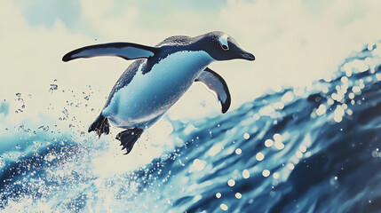 Fototapeta premium A penguin in mid-air as it leaps from the ocean, water droplets frozen in time. [Frozen Time] | Chilled Timepiece | frozen device. Illustration