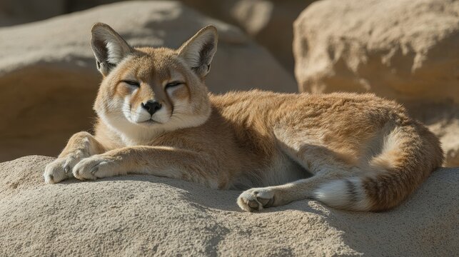 Serene sand fox basks in the sunlight a calm desert dweller rests peacefully on sun warmed rocks its fur blending with the arid landscape