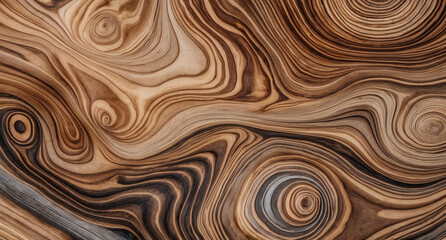 Swirling wood grain patterns in shades of brown create an abstract, organic texture. Natural and earthy background.