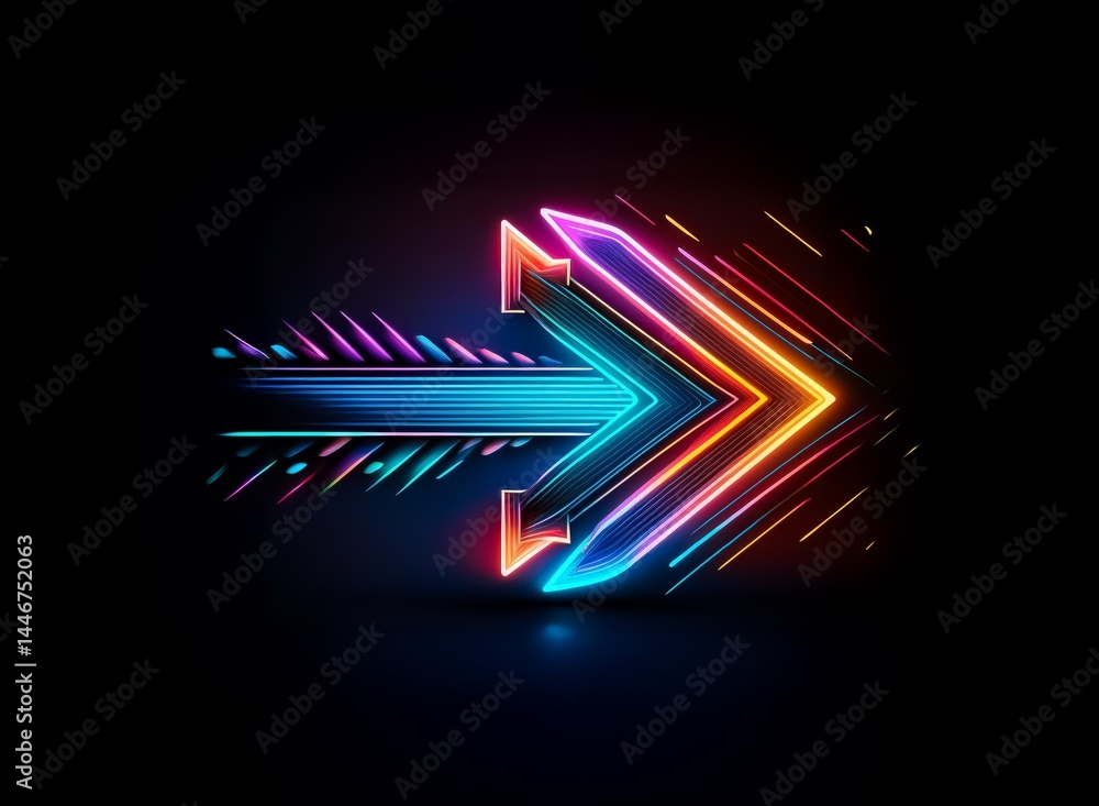 Poster a vibrant, multicolored neon arrow points right, leaving a dynamic trail of light streaks on a dark 