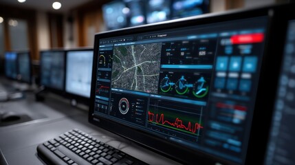 close-up photograph of digital dashboard displaying live city data, interior shot, in a smart operations room, centered composition, with soft LED tones