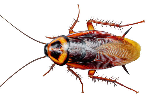 Closeup detailed view of a striking orange and brown cockroach specimen isolated on detailed macro photography of an insect with intricate wing veins and thorax texture high on transparent background
