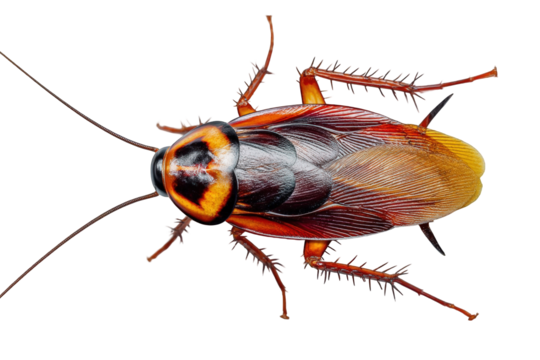 Closeup detailed view of a striking orange and brown cockroach specimen isolated on detailed macro photography of an insect with intricate wing veins and thorax texture high on transparent background