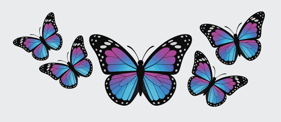 Four Vibrant Blue and Purple Butterflies in Flight