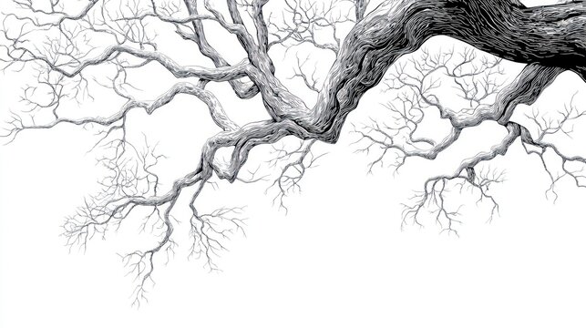 Detailed drawing of a gnarled, leafless tree branch reaching upwards