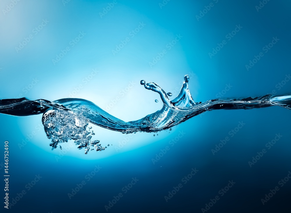 Aufkleber a dynamic wave of clear water, with splashes and bubbles, flows against a vibrant blue background. t