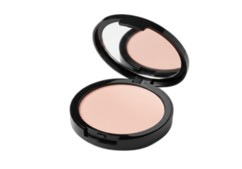 Face powder compact with intricate floral design and mirror inside, closed. Isolated on transparent background.