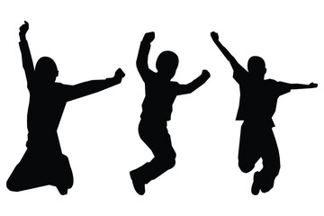 Black silhouette of children jumping for joy. Active kids jumping or trampolining, silhouette of kids playing.