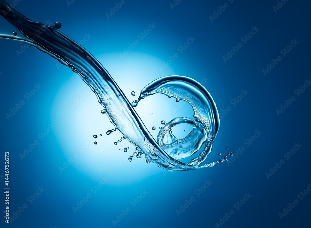 Poster A dynamic swirl of clear water, captured in mid-motion against a deep blue backdrop, illuminated by a soft light source.  The water displays translucency and surface tension.
