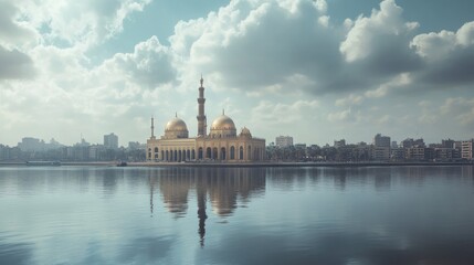 Obraz premium Majestic Mosque by the Lake: A Serene Reflection of Faith and Architecture