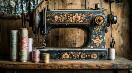Vintage Sewing Machine with Thread Spools