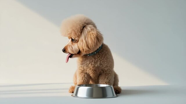 Toy poodle next to a vacant bowl - Idea of dog food nutrition and diet.