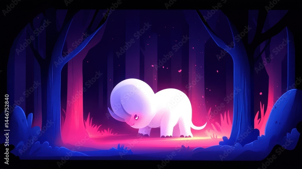 Poster pixelated magical creature in a dreamlike forest landscape with glowing flora and fauna creating an 