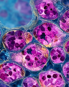 Malignant fat cells liposarcoma have scattered patches of fat and nuclei.