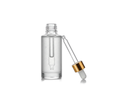 Clear dropper bottle with white cap and long glass dropper isolated on transparent background.