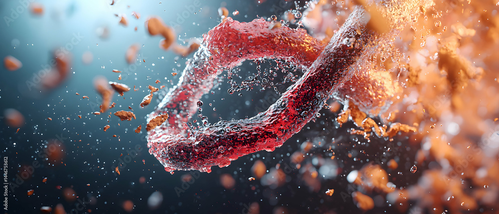 Poster dynamic abstract image of a liquid form with debris. suggests flow energy and the essence of life. i