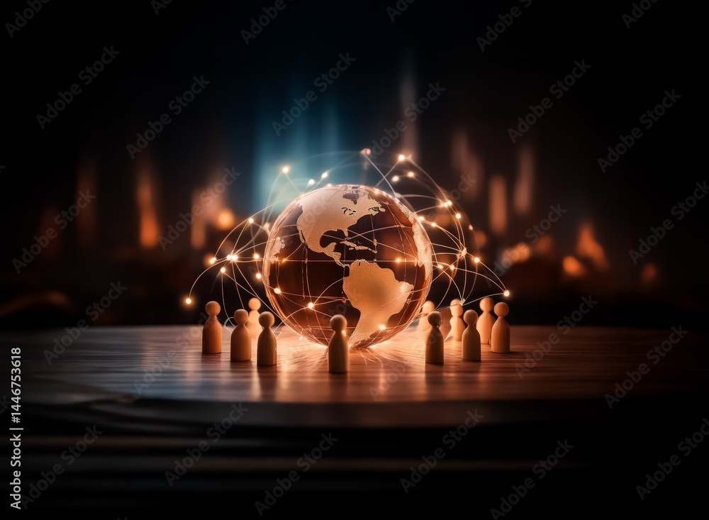 Aufkleber glowing earth encircled by wooden figures, representing global connection and communication network,
