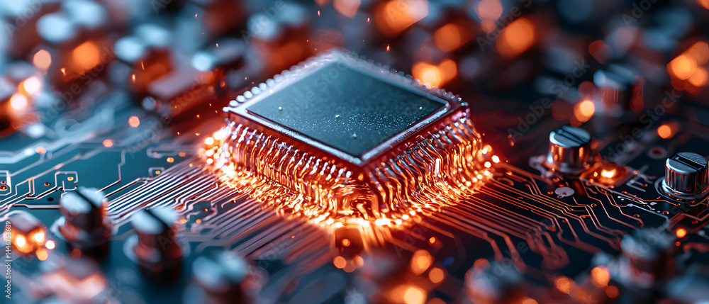 Poster a macro shot of a glowing computer chip on a circuit board. it's a visual representation of technolo