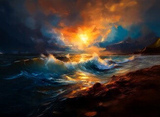 Fototapeta premium Dramatic ocean sunset scene with vibrant colors, crashing waves, and dark clouds. The sun breaks through the stormy sky, illuminating the water.