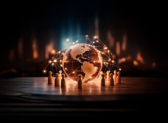 Glowing Earth encircled by wooden figures, representing global connection and communication network, set against a dark, fiery background.