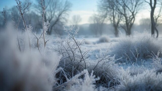 Bitterly cold and icy morning outside during a walk.