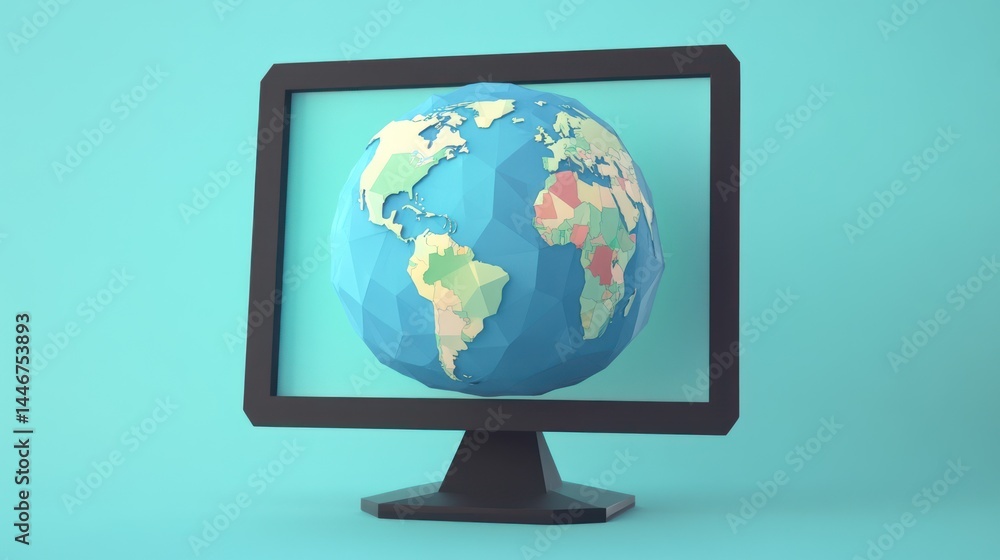 Poster stylized earth globe displayed on a retro computer screen on light blue backdrop