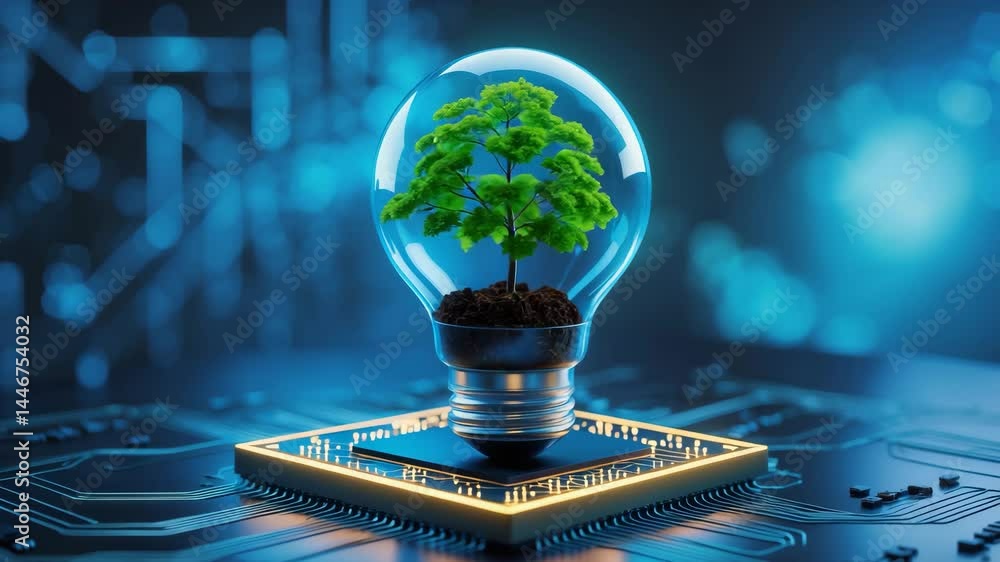 Poster light bulb featuring a tree and soil with a blue light and network backdrop. themes of computing, te