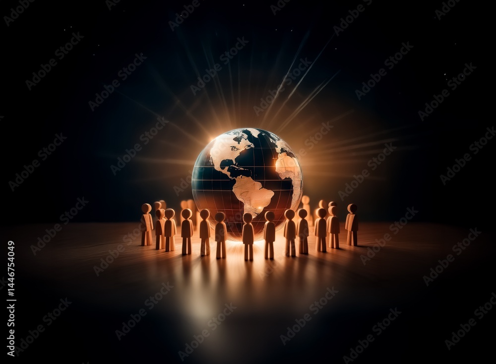 Poster a glowing earth, radiating light, is encircled by small figures, symbolizing global unity and connec