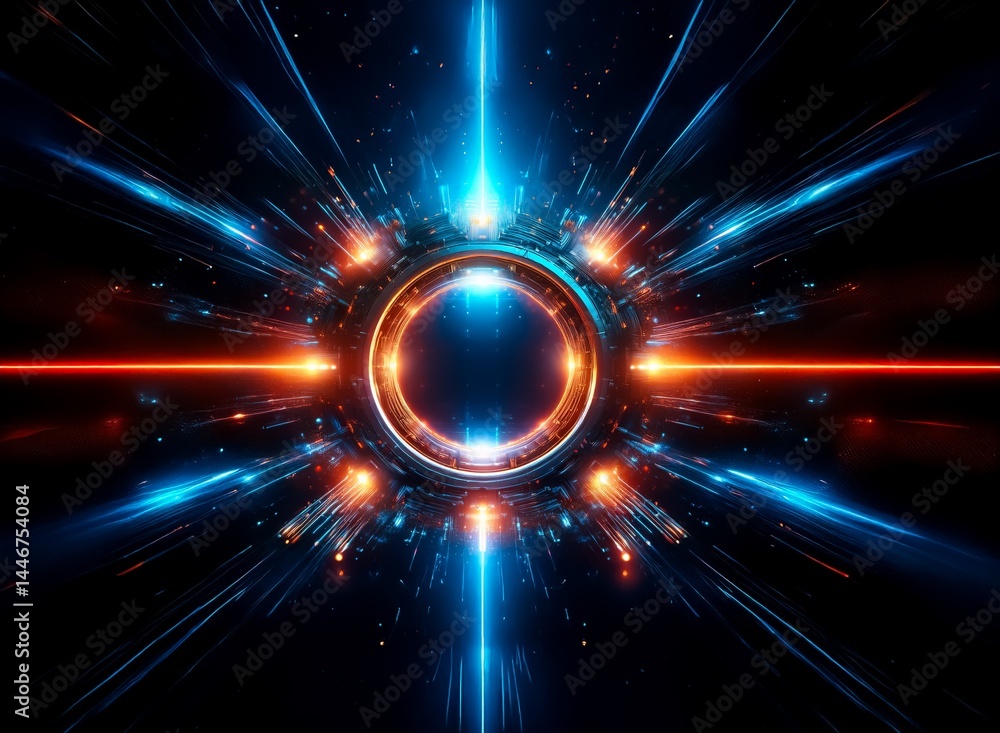 Poster a mesmerizing circular metallic object at the center, surrounded by vibrant, radiating blue and oran
