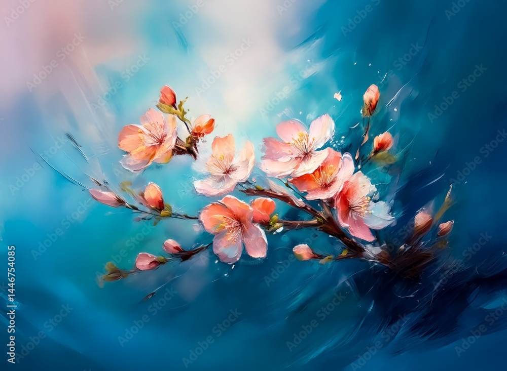 Poster a vibrant painting of peach blossoms on a branch, depicted with expressive brushstrokes against a de