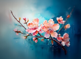 A delicate branch of peach blossoms, painted in soft watercolor hues against a moody blue backdrop.  The artwork evokes a sense of serenity and spring.