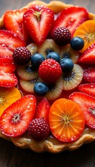 pie topped with fresh fruit on top of a wooden table