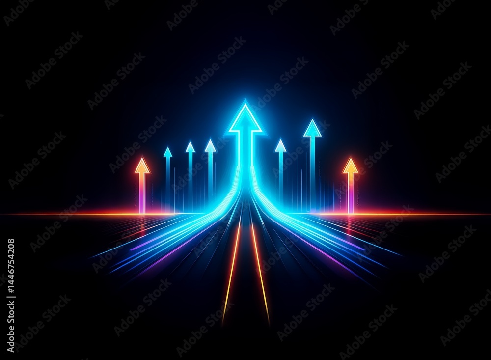 Poster glowing neon arrows ascend, converging into a vibrant upward trajectory, symbolizing growth and prog