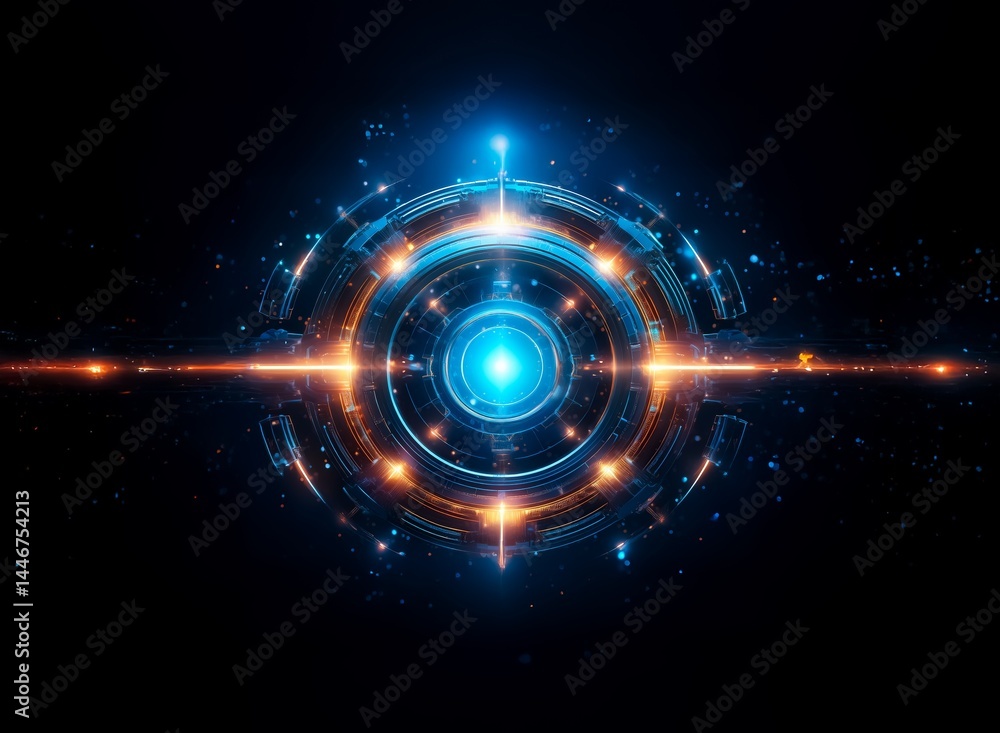Leinwandbilder glowing, futuristic orb; intricate metallic design with vibrant blue and orange lights; cosmic dust 