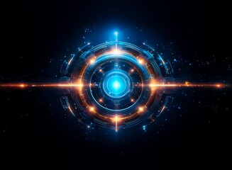 Glowing, futuristic orb; intricate metallic design with vibrant blue and orange lights; cosmic dust particles surrounding it; intense energy emanating from its core.