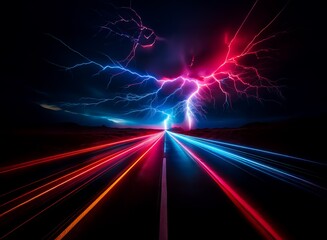 A vibrant, nighttime scene features a highway with light trails converging towards a dramatic display of red and blue lightning.  The contrasting colors create a powerful and dynamic image.