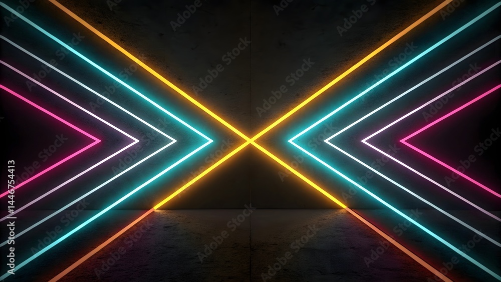 Aufkleber colorful neon arrows pointing inward on a dark background with a reflective surface below them