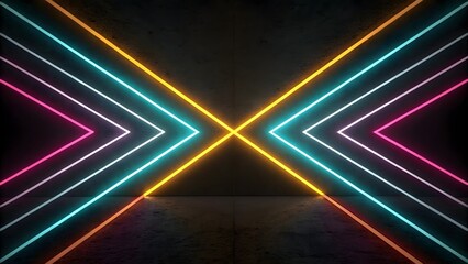 Colorful neon arrows pointing inward on a dark background with a reflective surface below them